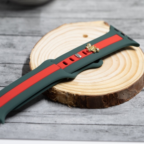 Apple Watch Band, Green and Red Stripes Silicone Strap w/ Bee Stud 40/41/44/45 - Picture 5 of 6